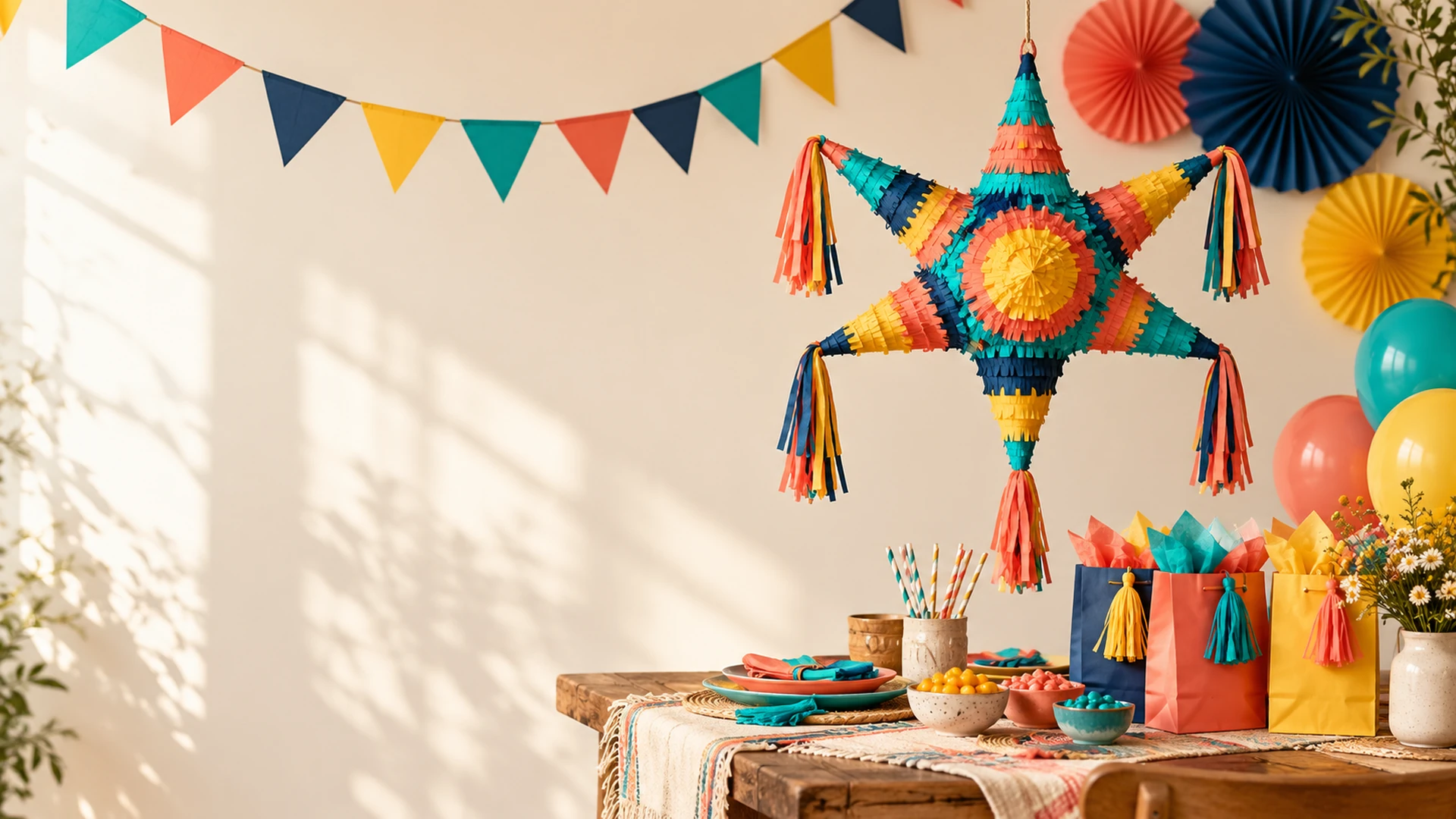Decoración conceptual de fiesta con piñata y accesorios